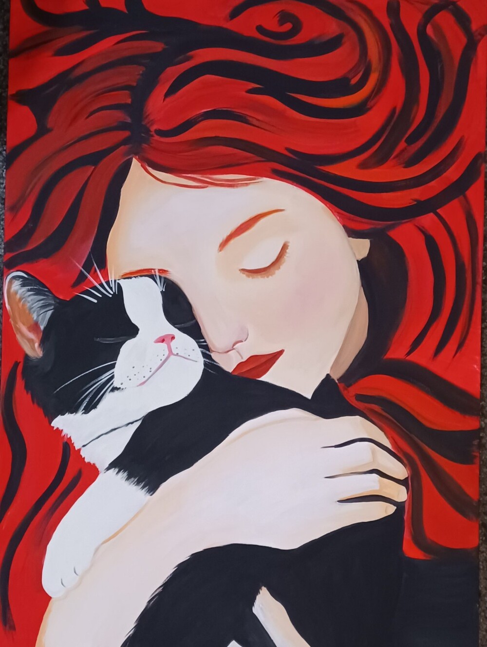 Original Acrylic Soft Embrace Cat Canvas Acrylic Painting- Red & Black